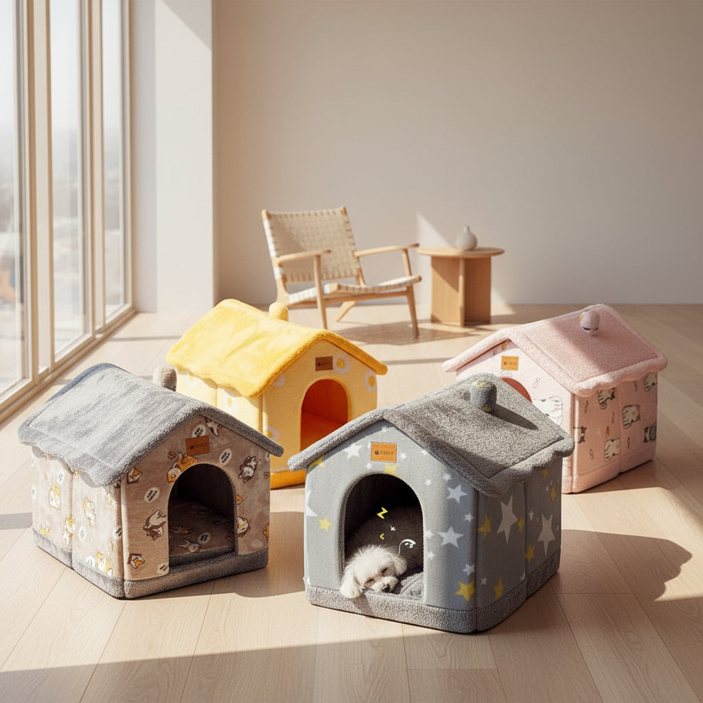 πΎ Foldable Warm Dog & Cat House β Removable Cozy Winter Bed, Enclosed Cave Kennel Sofa for Small Pets | Calming Villa Nest for Dogs & Cats
