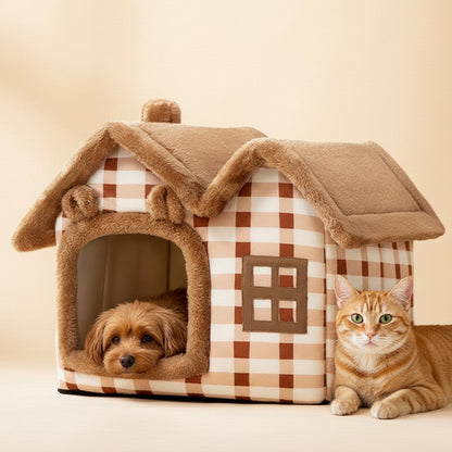 🐾 Foldable Warm Dog & Cat House – Removable Cozy Winter Bed, Enclosed Cave Kennel Sofa for Small Pets | Calming Villa Nest for Dogs & Cats
