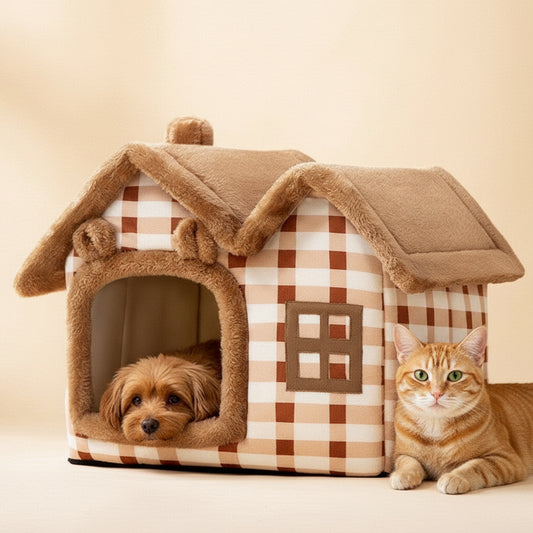 🐾 Foldable Warm Dog & Cat House – Removable Cozy Winter Bed, Enclosed Cave Kennel Sofa for Small Pets | Calming Villa Nest for Dogs & Cats